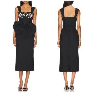 NWT Fanm Mon Dolce Midi Dress Black Embroidered Floral Bow Cotton Poplin Sz S
